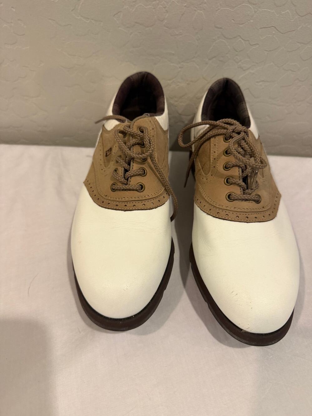 FootJoy SoftJoys Terrains White Tan Saddle Golf Shoes Softspikes women's Size 8